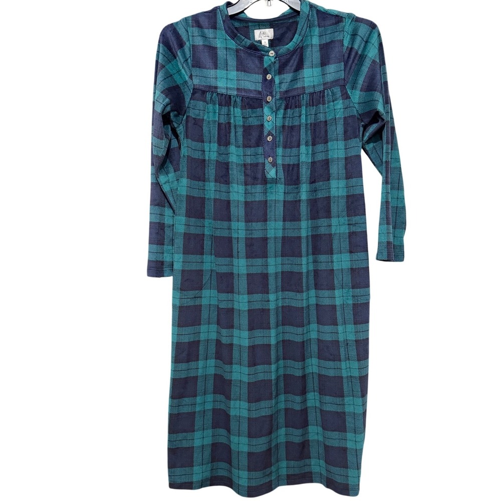 Aria Collection Teal Navy Plaid Fleece Nightgown Long Sleeve Henley Sleepwear S